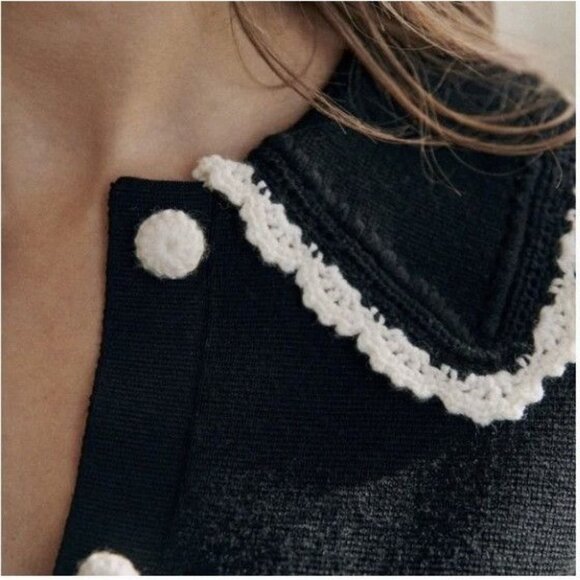 Sezane Black Cardigan with White Accents Ruffled Collar - Picture 3 of 12